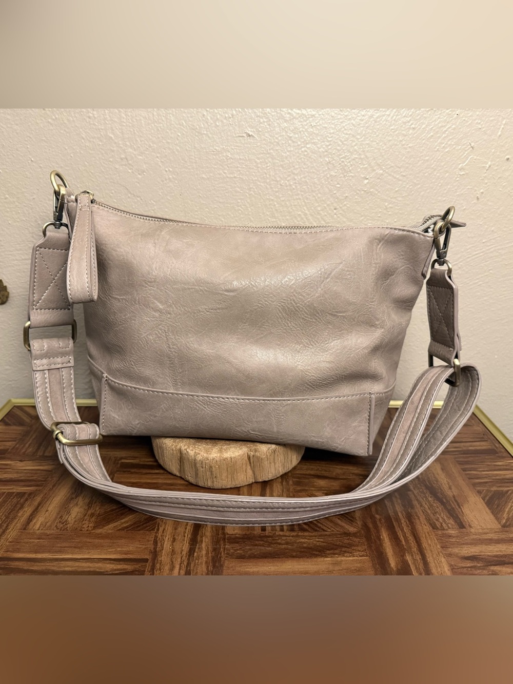 Joy Susan Leen Seamed Crossbody Purse Adjustable Detachable Strap Taupe Greyish